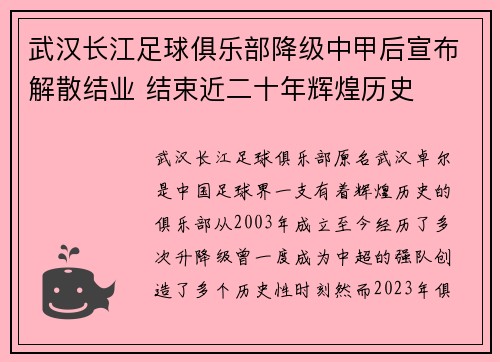 武汉长江足球俱乐部降级中甲后宣布解散结业 结束近二十年辉煌历史 武汉长江足球俱乐部降级中甲后宣布解散结业 结束近二十年辉煌历史