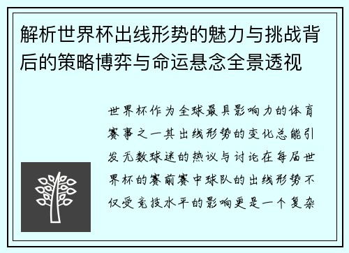解析世界杯出线形势的魅力与挑战背后的策略博弈与命运悬念全景透视